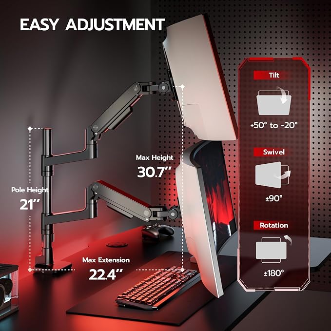 ARES WING Tall Dual Ultrawide Monitor Mount with USB A/C for 17 to 49 Inch | Pro Gas Spring, Aluminum Material, Flexible Screen Layouts, for 75/100 Vesa Mount, Hold 44 Lbs Each Arm, for Samsung Monitor
