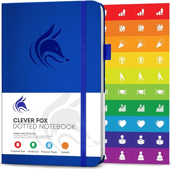 Clever Fox Dotted Notebook – Dot Grid Bullet Numbered Pages Hard Cover Notebook Journal With Thick 120g Paper and Pen Loop, Stickers, 3 Bookmarks, Smooth Faux Leather, 5'' x 8.25'' - Royal Blue