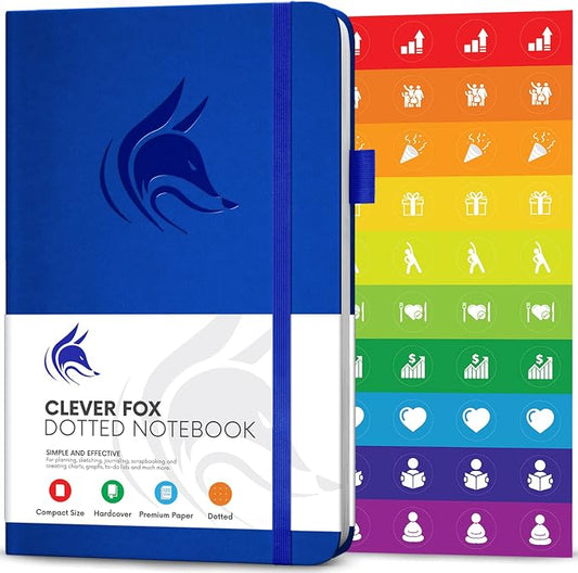 Clever Fox Dotted Notebook – Dot Grid Bullet Numbered Pages Hard Cover Notebook Journal With Thick 120g Paper and Pen Loop, Stickers, 3 Bookmarks, Smooth Faux Leather, 5'' x 8.25'' - Royal Blue