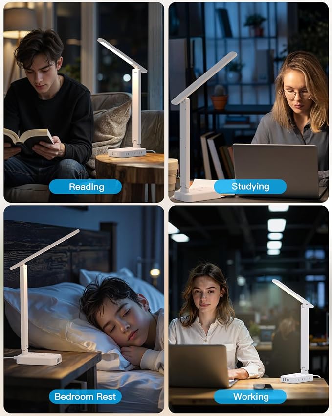 One Beat Desk Lamp with 6 AC Outlets & 4 USB Ports (2 USB-C), Touch Control LED Lamp, 4 Color Modes 5 Brightness Levels,Eye-Caring Reading Lamp,5ft Cord,Home Office College Dorm Room Essentials