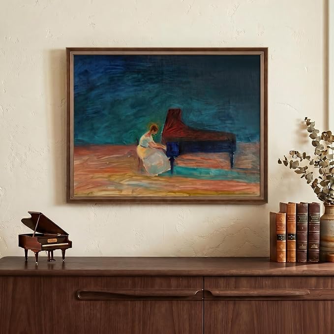 Framed Vintage Music Wall Art, Retro Mid Century Modern Piano Canvas Prints Artwork for Walls, Abstract Woman Picture for Music Room Dining Room Bedroom Living Room Elegant Home Wall Decor, 24x18 Inch