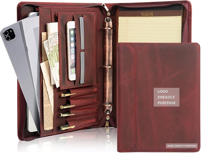 Personalized Genunie Leather Portfolio Binder, Customized Leather Portfolio for Men,3 Ring Binder Business Portfolio for Women, Organizer for A4 Legal Sized Notepad, Customized Gift, Red