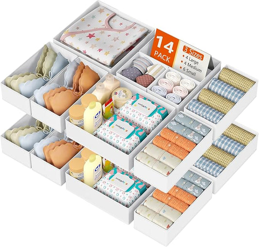 DIMJ Drawer Organizer Clothes, 14 Pack Dresser Organizer, Foldable Closet Organizers and Storage, Fabric Dresser Bins, Drawer Dividers for Nursery, Baby Clothes, Underwears, Sock (White)