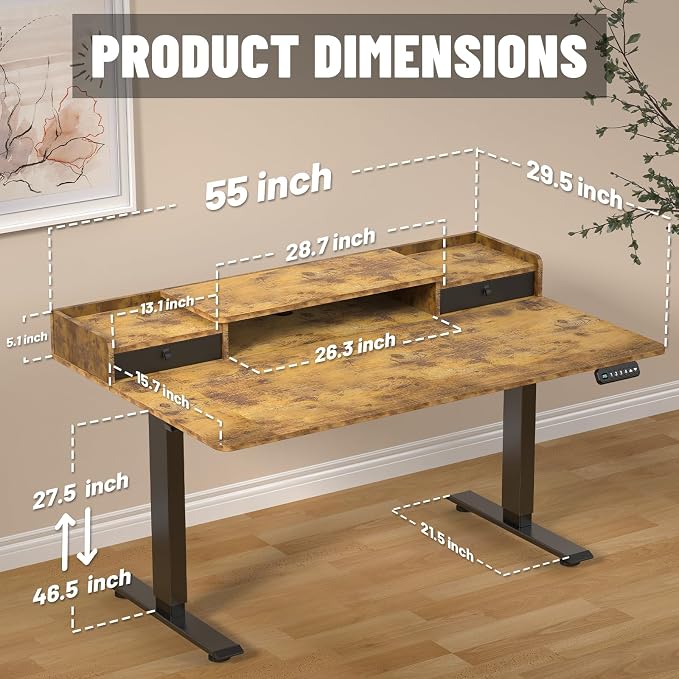 55 x 30 Inch Electric Standing Desk with 2 Drawers, Adjustable Height Widened Stand Up Desk with Storage, Sit to Stand Ergonomic Workstation for Home Office, Rustic Brown