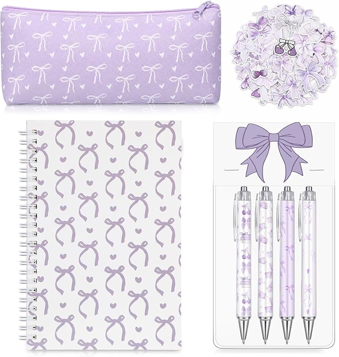 Sayglossy Purple Bow Stationery Gift Coquette School Supplies Set Include Pens Aesthetic Journal Notebook Pencil Case and Stickers Preppy Back to School Supplies for Girl Students