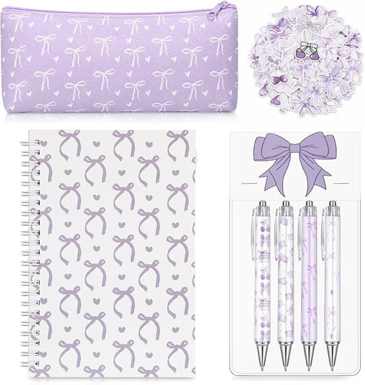 Sayglossy Purple Bow Stationery Gift Coquette School Supplies Set Include Pens Aesthetic Journal Notebook Pencil Case and Stickers Preppy Back to School Supplies for Girl Students