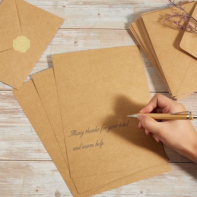 50 Pack Kraft Paper A7 Envelopes with Cards and Gold Stickers, 5x7 | With Thick Folded Cardstock, For Greeting Cards, Wedding, Birthday, Invitations, Baby Showers