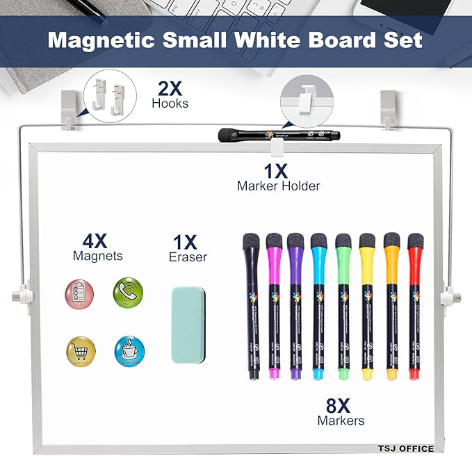 TSJ OFFICE Small White Board - 12 X 16 Inches Small Magnetic Dry Erase Board with Hooks for Wall, Desktop Whiteboard Stand 360 Degrees Revolving Double Sided for Office, Home, School, Silver