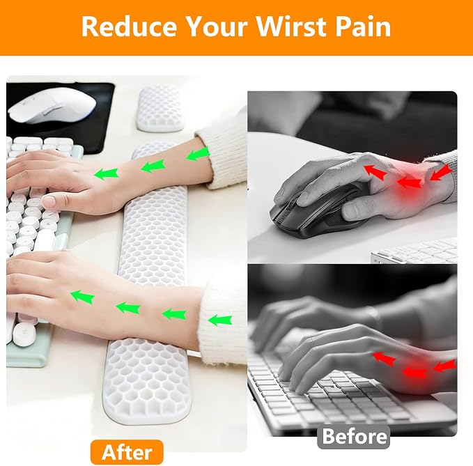 Ergonomic Keyboard and Mouse Wrist Rest Set, Silicone Honeycomb Design, 17.7 x 2.8 x 1 Inches, Non-Deformable Support for Office Gaming Typing (White)
