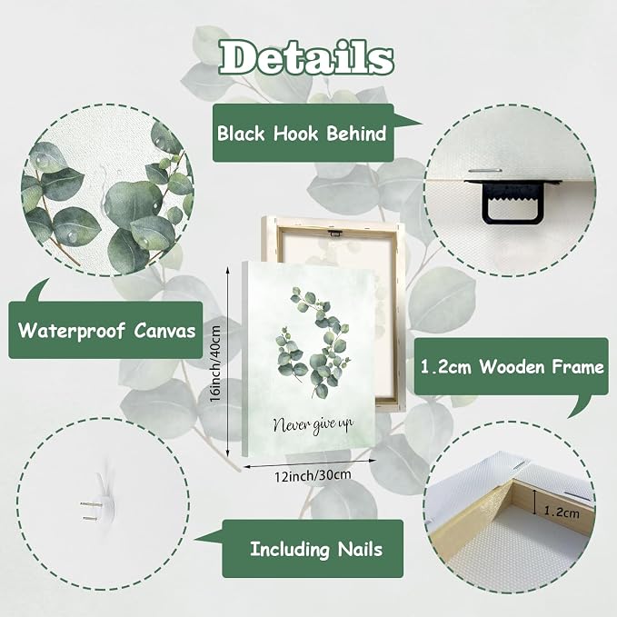 CHDITB Botanical Canvas Wall Art, Sage Green Plant Wall Decor, Inspirational Quotes Framed Poster, Watercolor Eucalyptus Artwork, Boho Mental Health Prints For Office Living Room Bedroom Decor 12”X16”X6