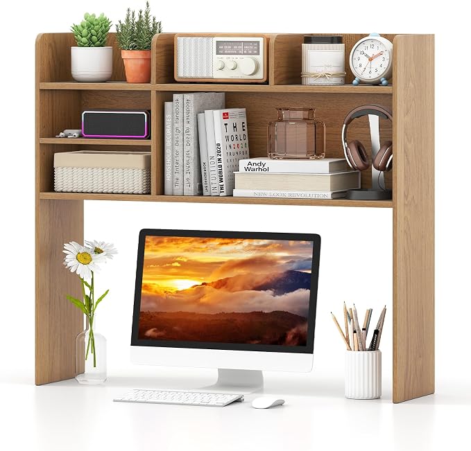 Tangkula Desktop Bookshelf for Computer Up to 32”, 37” Countertop Storage Hutch with 6 Storage Shelves, 3-Tier Desktop Organizer Display Rack, Wooden Desk Hutch for Dorm Home Office (Natural)