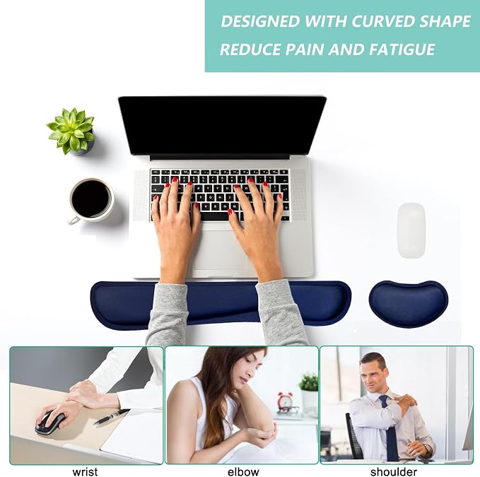 Keyboard Wrist Rest Mouse Wrist Support Set, Memory Foam Wrist Rest Pad for Computer Laptop Keyboard Mouse, Ergonomic Wrist Cushion Support for Typing Pain Relief, Gaming Home Office, Navy Blue