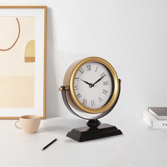 Vintage Analog Table Clock Battery Operated Silent Gold | Vintage Decor, Living Room Bedroom Office Shelf, Farmhouse Mantel Fireplace, Non-Ticking Silent, Small, Gold Desk Retro Style