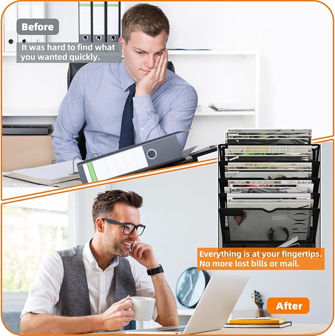 6 Tier Magnetic File Holder, Large Capacity Mesh Hanging Wall Organizer Vertical Magnetic Hanging File Organizer, Magnetic File Folder Holder for File Cabinets, Office, Whiteboard (Black)