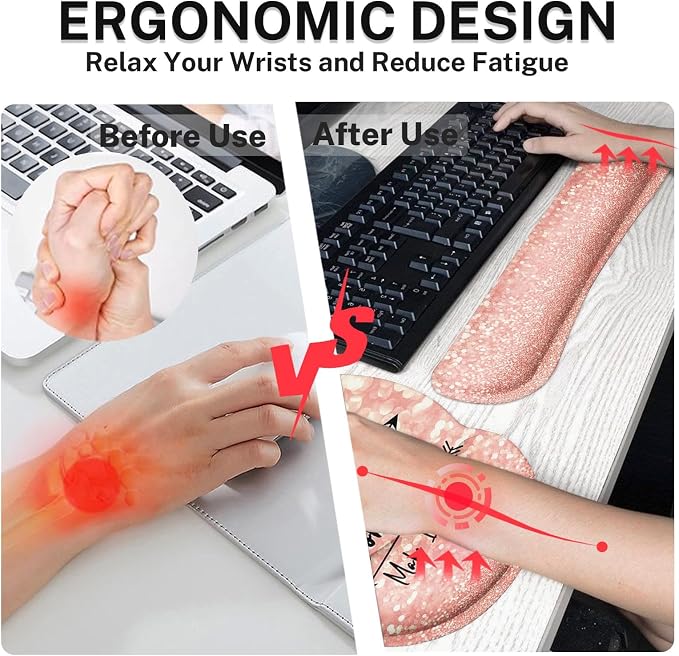 Britimes Pink Rose Gold Ergonomic Mouse Pad Set with Wrist Rest Non-Slip Rubber Base Wrist Cushion Support and Coasters Mousepad with Wrist Support for Computer Keyboard and Desk