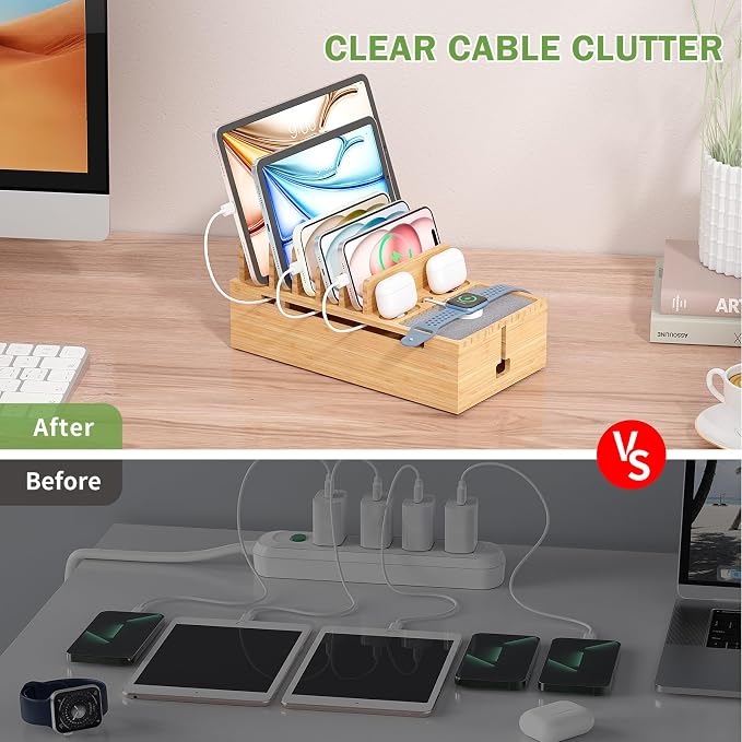 Pezin & Hulin Bamboo Charging Stand Rack, No Power Adapter Supply -Natural | Wooden Charge Box for Mobile Phones, Tablets, Smart Watch and Earbuds, Wire Cable Organizer Box, Bedside Dock Stand Holder
