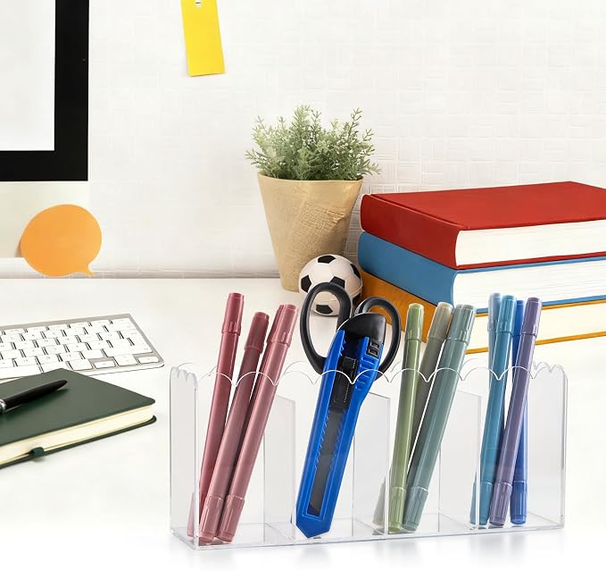 MOLIGOU Acrylic Pencil Holder, 4 Compartments Clear Pen Organizer, Desktop Pencil Holder with Scalloped Edges