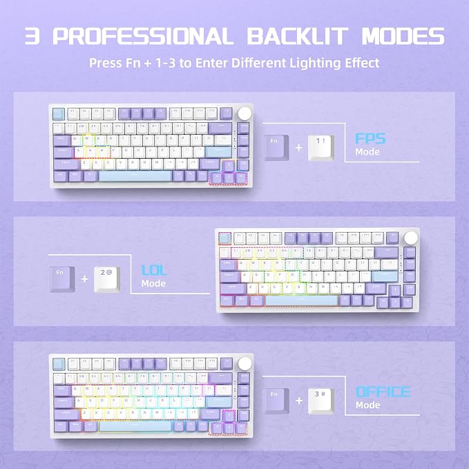 A.JAZZ Attack Shark AK820 75% Wired Mechanical Gaming Keyboard with Knob Hot Swappable Custom Gasket RGB Keyboard NKRO Linear Sea Salt Switch for PC/Win/Mac-Purple/Blue