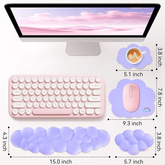 Sushret Cloud Wrist Rest for Computer Keyboard, 4-in-1 Memory Foam Leather Cloud Keyboard Wrist Rest and Mouse Pad Set with Ergonomic Support for Arm and Palm Cushion, Gaming/Work Setup, Purple