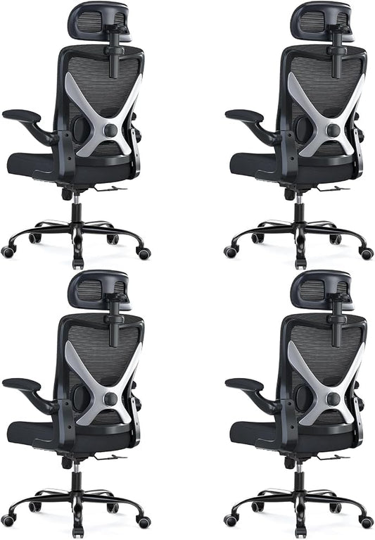 Ergonomic Office Chair: Mesh Desk Chair Comfy with Headrest& Lumbar Support | Ergalithic Big and Tall Office Chairs with Wheels & Flip-Up Arms-Computer Gaming Chairs for Adults (Black-Pack of 4)