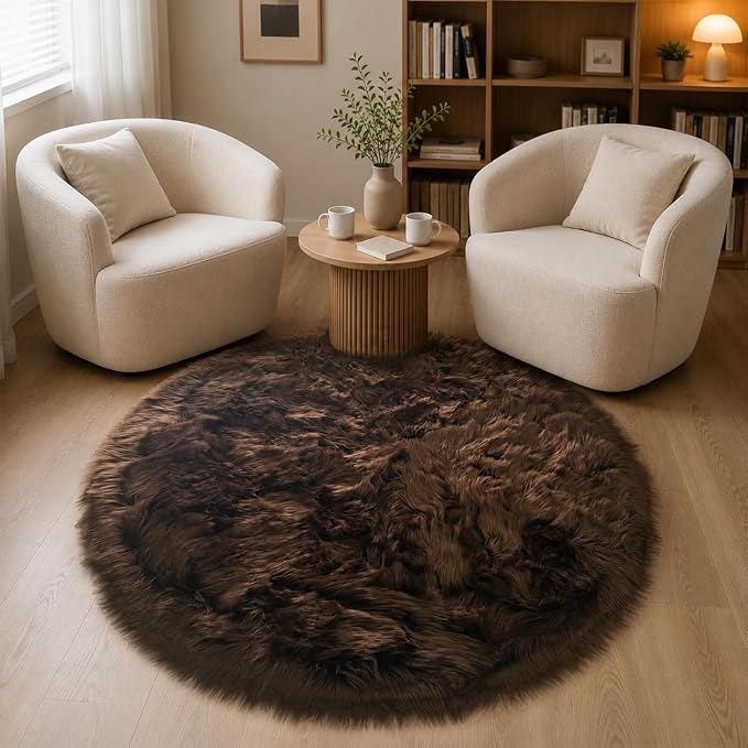 EasyJoy Faux Sheepskin Rug, Fluffy Faux Fur Rug, Ultra Soft Shag Area Rug with Non-Slip Backing for Bedroom, Living Room, Nursery, Kids Room(4 x 4 ft Round, Coffee)