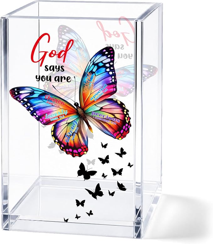 Butterfly Acrylic Pen Holder Cup, Christian Inspirational Desk Decor, Religious Pencil Holder Organizer, Birthday Gift for Women, Mom, Sister, Friend, Coworker