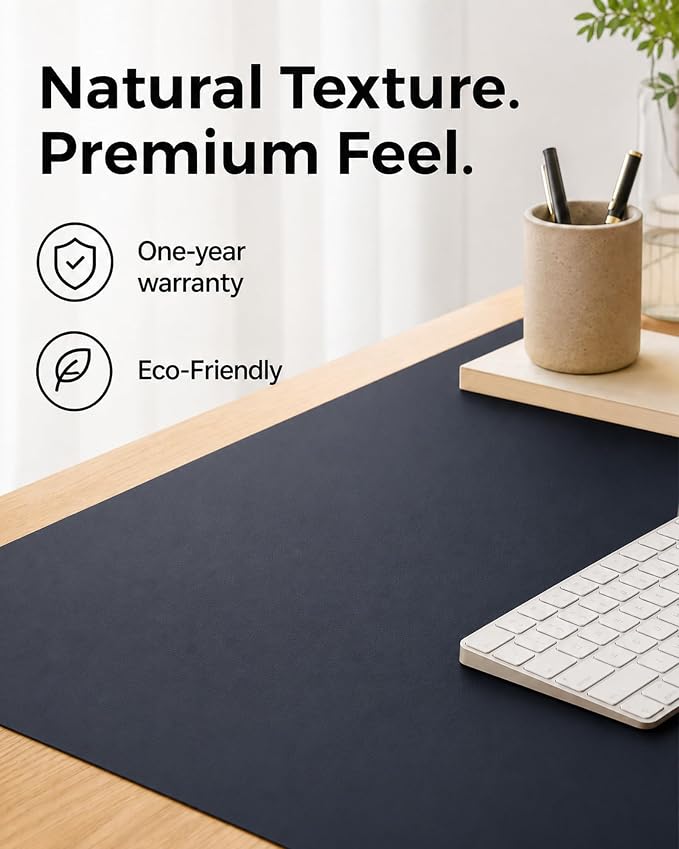 Aothia Dual-Sided Desk Mat, FSC Cork & PU Leather Desk Pad, Large Mouse Pad & Writing Surface for Extended Desk Setup, Non-Slip Waterproof Desk Protector - 47" x 17", Dark Blue