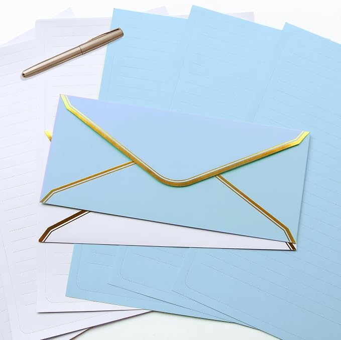 J6&H6 Gold Thread Stationary Paper and Envelopes Set Including 12 Standard Sized Phnom Penh Envelopes and 24 Sheets of Lined Paper Suitable for Daily Emotional Expression Formal (Lake Blue)