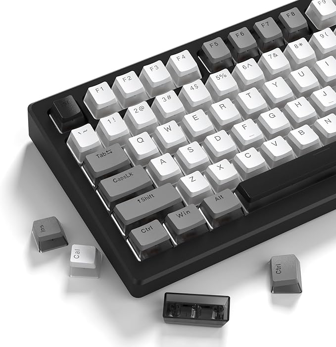 Womier PBT Shine Through Keycaps for Mechanical Keyboard, Pudding Keycaps 60% 75% 100% Keyboard 143 Keys, Custom Keycap Set OEM Profile for Gateron Cherry MX Switches, Gray White-Only Key caps