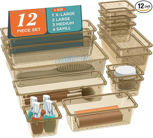 ElegantArray 12 PCS Drawer Organizer Set, 4 Sizes Tool Storage Trays, Clear Plastic Makeup Vanity Organizer and Storage Bins for Stationeries, Multiple Gadgets for Office, Bedroom, Champagne