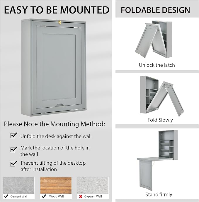 Wall Mounted Desk, Wood Collapsible Floating Desk, Convertible Computer Desk with Storage Area, Hanging Fold Out Table for Home Office, Small Spaces (Grey)