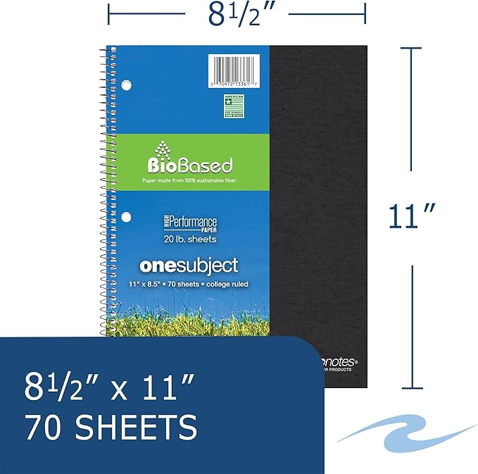Roaring Spring Environotes Recycled Spiral Bound 1 Subject Notebook, College Ruled, 70 Biobased Sheets, 11" x 8.5", Assorted Earthtone Color Covers, Pack of 4