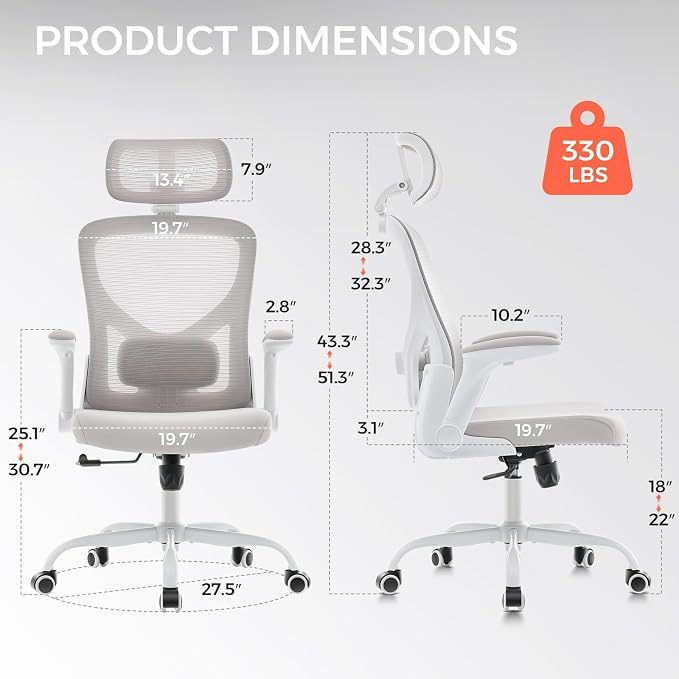 Office Chair,Ergonomic Mesh Computer Desk Chair,Grey | 2D Adjustable Lumbar Support,3D Headrest,Adjustable & Flip-Up Armrests,Rolling,Tilting,Swivel,High Back,Executive PC Chair