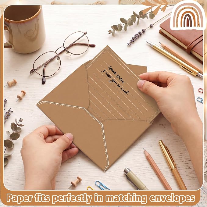 TaoBary 160 Packs Stationery Paper Set (50 Double Sided Stationery Writing Papers 50 Matching Envelopes) 60 Round Dot Sticker, 10 Design (5.5 x 8.25 Inch,Brown Color)