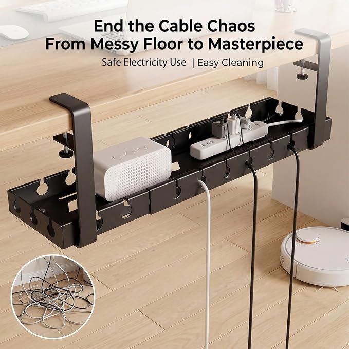 Under Desk Cable Management Tray, 16-29" Adjustable Metal Cord Rack | 【Heavy-Duty 11lbs Capacity】Easy install under desk cord organizer fits power strips & routers. Perfect for home office setups