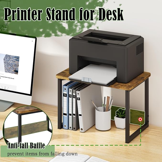 MARTY Printer Stand for Desk, Desktop Shelf Printer Riser for Home Office | Desktop Printer Stand, 17.1"x12.4", Printer Shelf, Small Printer Table for Fax Machine Copier Scanner, Desk Organizer, Brown