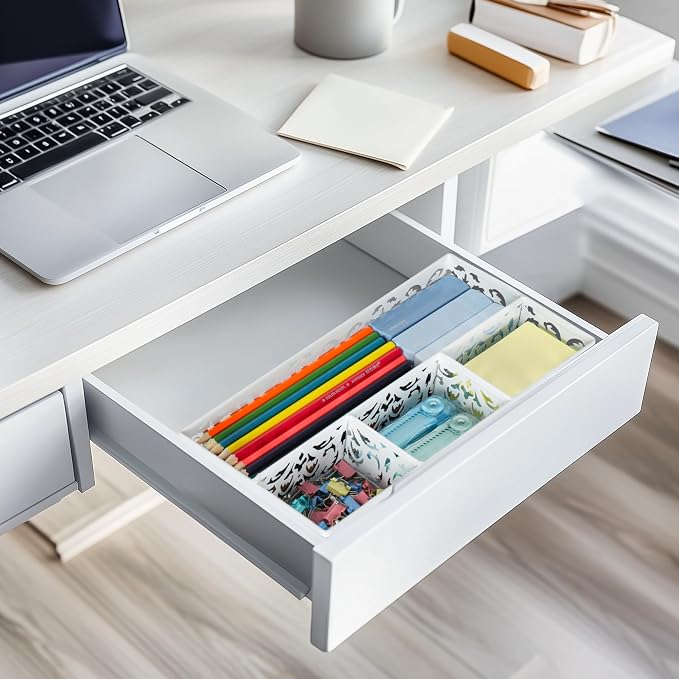 EasyPAG Desk Drawer Organizer with 4 Compartments, Carved Hollow Floral Metal Tray for Office, Jewelry, Cosmetics - No Assembly, White