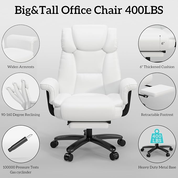 GYI 160 Reclining Office Chair with Footrest, Big & Tall Desk Chair, White | Cross Legged Seat, High Back, Faux Leather, Heavy Duty Base, Adjustable Height, for Home, Executive