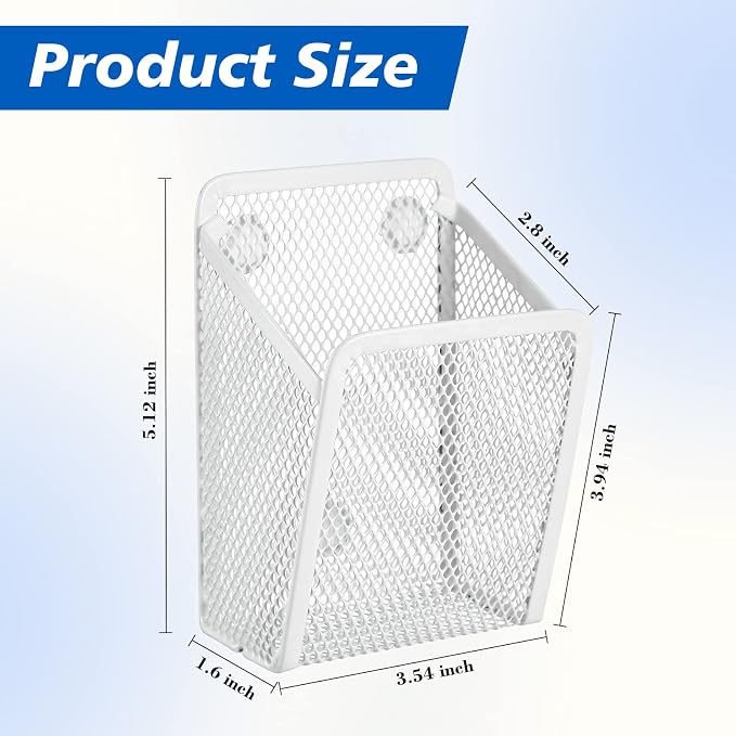 Fuutreo 2 Pcs Large Magnetic Pencil Holder Mesh Stainless Steel Pen Basket Metal Marker Cups Storage Organizer for Fridge Whiteboard Blackboard Kitchen Refrigerator Locker Home Office School, White