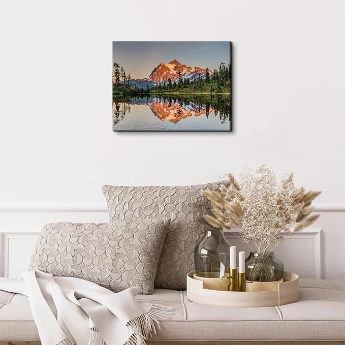 Mt Baker Mountain Wall Art Sunset Forest Landscape Wall Decor Nature Mount Shuksan Picture Canvas Prints National Parks Posters Lake Reflection Painting Artwork for Bedroom Office Decorations 16x24"