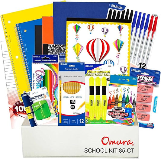OMURA Learning Elementary School Supplies Kit – 85-Piece Back to School Supplies, School Supply Kit Elementary for Grades 3–5 | Notebooks, Pencils, Crayons, Markers, Glue & Student School Supplies