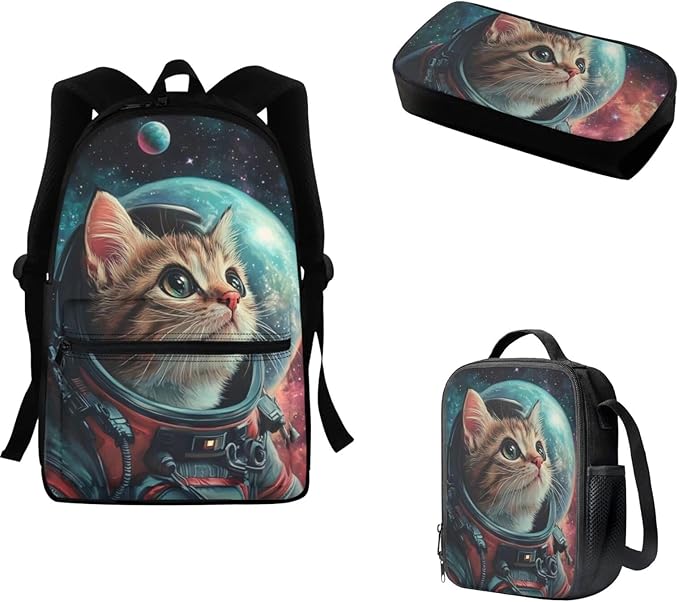 Kids Space Cat Pattern Backpack with Pencil Case and Lunch Box Teen Boys Large Capacity Backpacks for Preschool School Bag Set Cool School Supplies for Boys