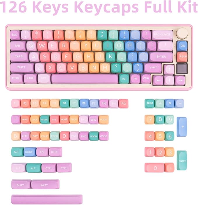 Cute PBT Keycaps 126 Keys MOA Profile Custom Keycaps Dye Sublimation Rainbow Candy Colorful Key Caps Set for Cherry Gateron MX Switches Mechanical Keyboards