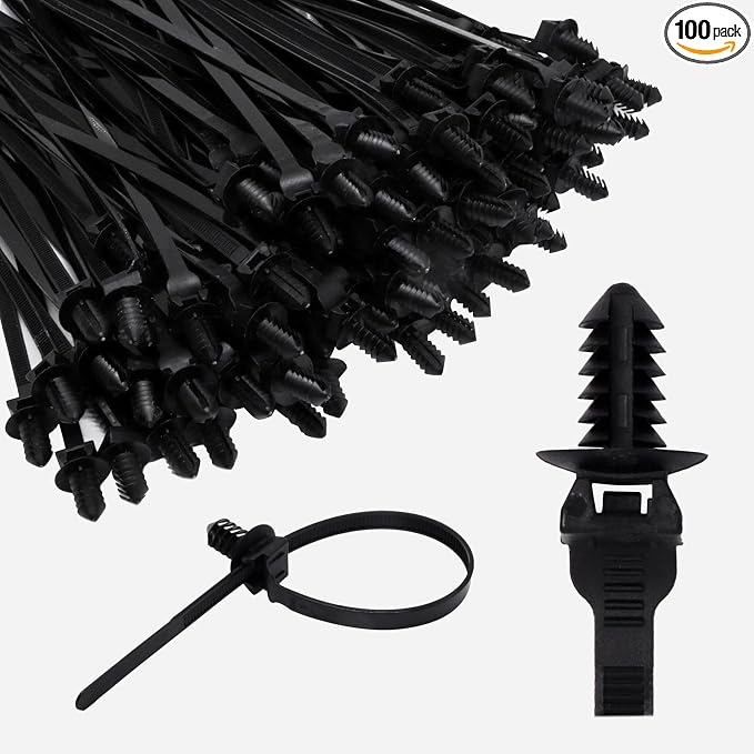 100 PCS Push Mount Zip Ties, 8.3 Inch Nylon Car Mount Wire Ties Snap in Cable Zip Ties, Black Push Mount Cable Ties Automotive Zip Ties Wire Harness Clips for Wire Tying (8.3" L x 0.2" W)
