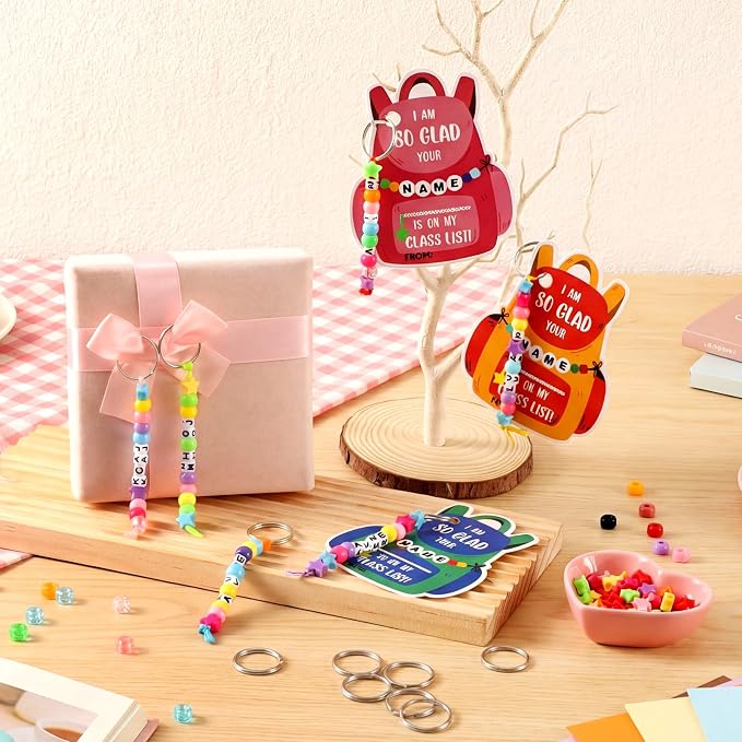 Cunno 1446 Pcs 36 Set Back to School DIY Bead Keychain Making Kit Key Chain Crafts Alphabet Bead Jewelry Key Ring Welcome First Day of School Gift Swaps Graduation Party Favors(Bright Cute)