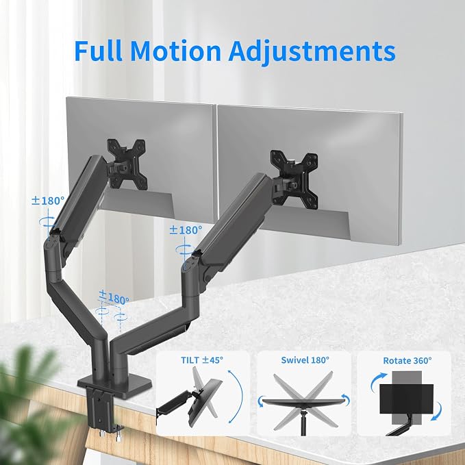 Dual Gas Spring Monitor Arm for 13-32 Inch Monitors, Desk Mount | Supports 19.8 lbs/Arm | Smooth Gas Spring | Full Motion | C-Clamp & Grommet | Cable Management | VESA 75×75/100×100 mm