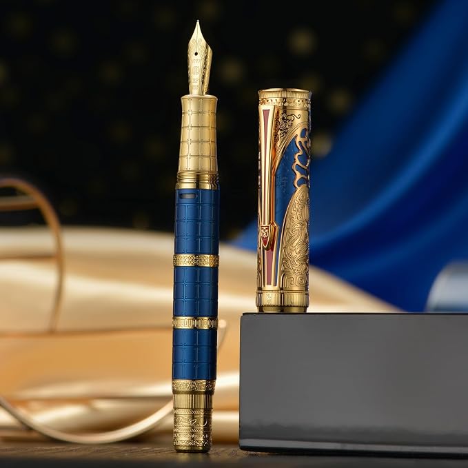 HONG DIAN D5 Qin Dynasty Fountain Pen Blue Gold, Extra Fine Nib Piston Filling Pen, Retro Chinese Totem Engraving Smooth Writing Pen with Pen Box Set
