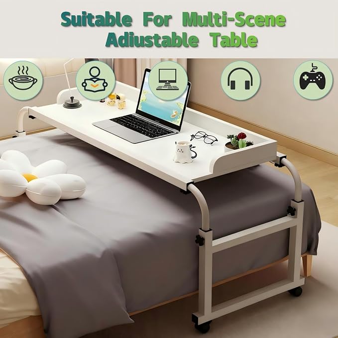Overbed Table with Wheels and Desktop Enclosure, Height and Length Adjustable Over Bed Desk King Queen Bed Table Overbed Laptop Table (White)