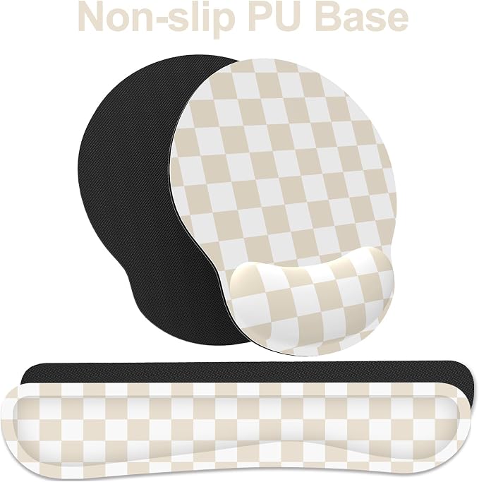 Ergonomic Mouse Pad with Wrist Rest and Keyboard Wrist Rest, Mousepad and Keyboard Pad, Non-Slip Rubber Base, Pain Relief, Mouse Pad with Wrist Support for Gaming, Computer, Office, Beige Checkered