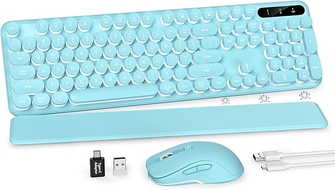 Wireless Keyboard and Mouse Combo, Backlit Round Keycaps, Retro Typewriter Keyboard with Detachable Wrist Rest, Rechargeable & Tilt Legs, 2.4GHz Cordless Connection for Windows/PC (Glowing Turquoise)